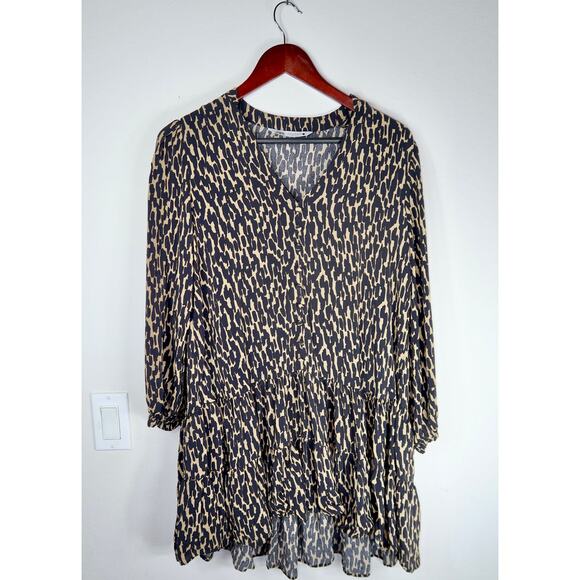 ZARA Black Tan Animal Print V Neck Flounce Hem Mini Shift Dress Small Tunic - Picture 3 of 7